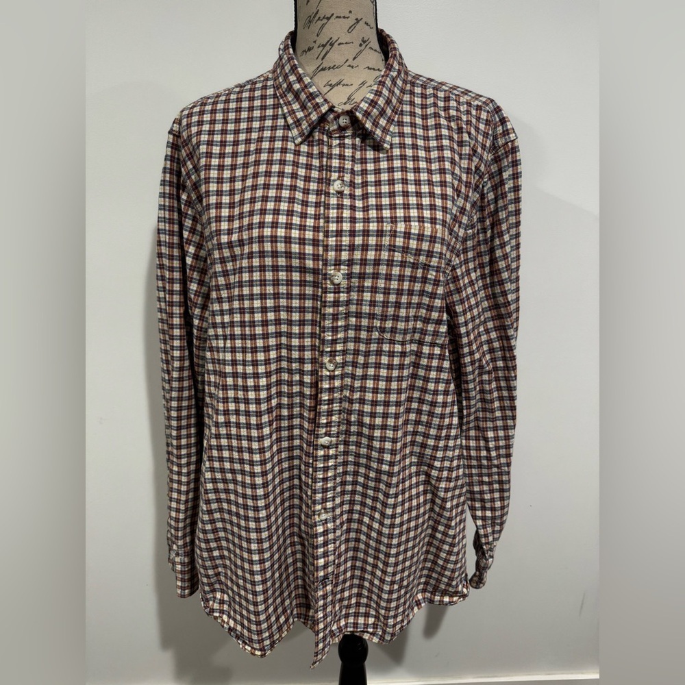 Fat Face Long Sleeve Button Down Size XXL Cream Navy Red Plaid 100% Cotton